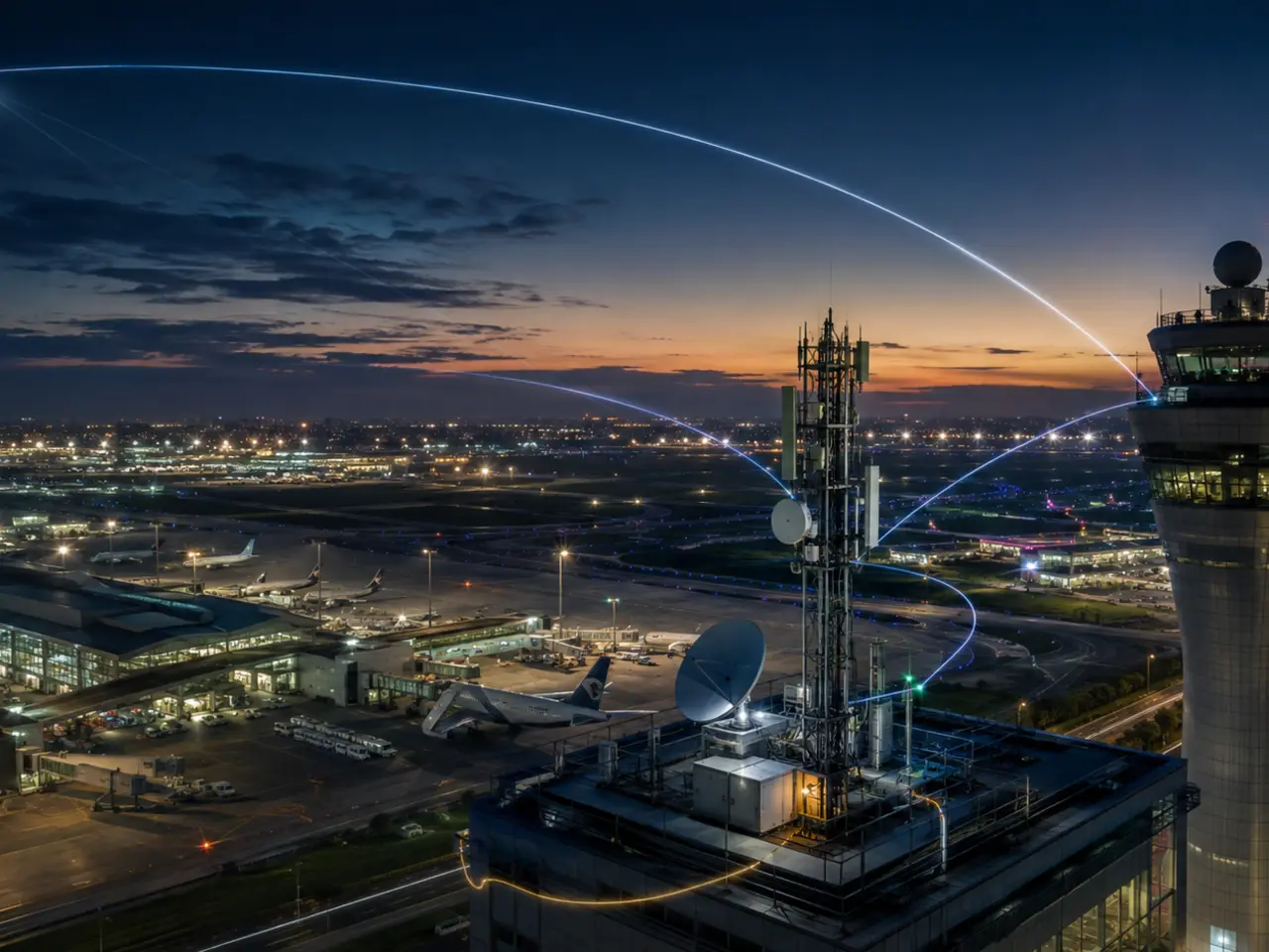Satellite and mobile communications infrastructure at an airport